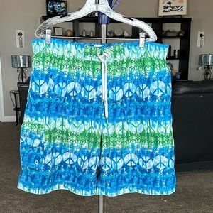 Men’s Marina West USA colorful peace signs throughout Swim Trunks. Size XL